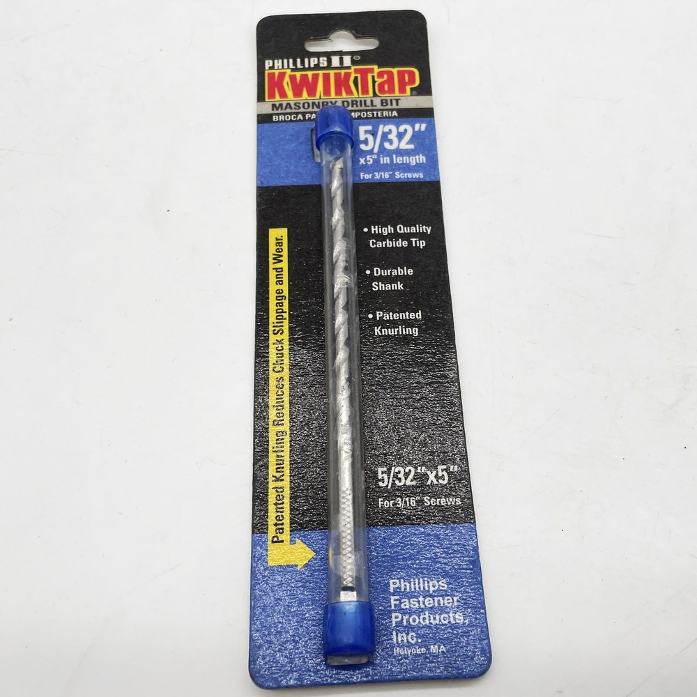 Phillips KwikTap 5/32"x5" Masonry Drill Bit Carbide Tip Knurling Durable Shank